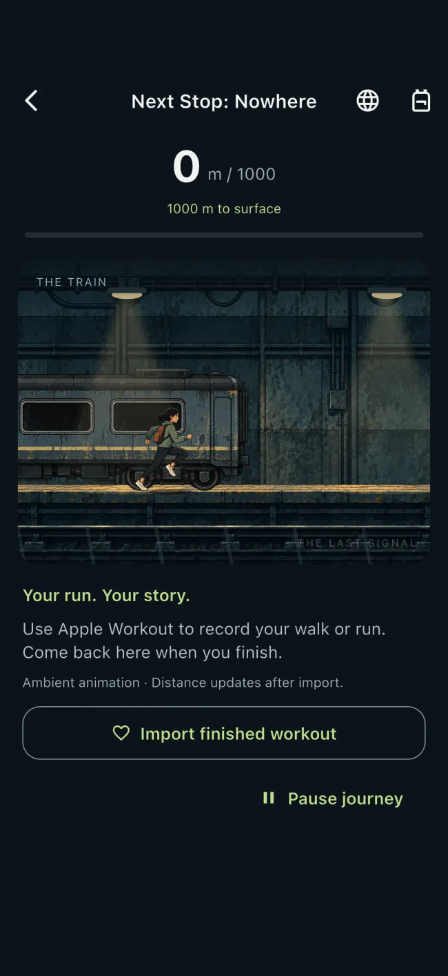 SagaRun journey screen with an illustrated runner, distance goal and Apple Workout import controls.