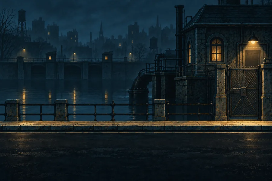 Painted reservoir scenery from The Last Signal.