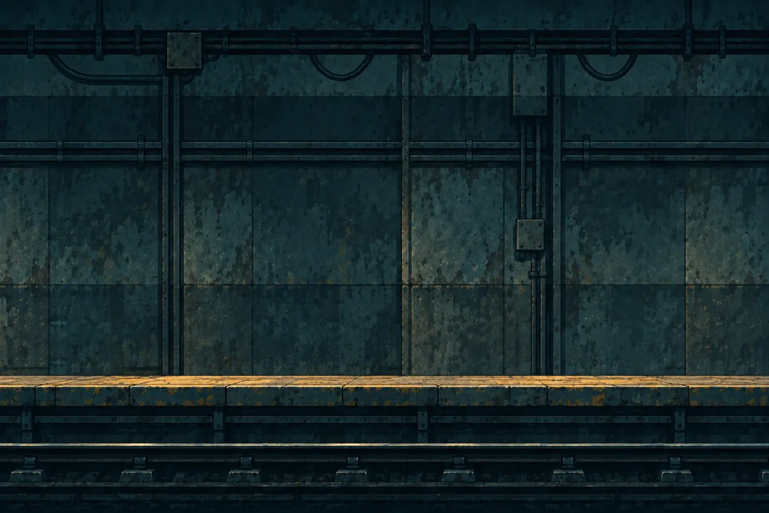 An empty underground platform lit by warm station lights.